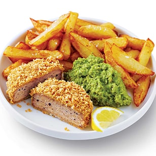 Panko Crumbed Sea Cakes with Twice Cooked Chips and Minted Mushy Peas