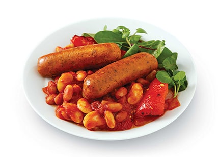 Spicy Tomato Tofu Sausages with a Three Bean Cassoulet